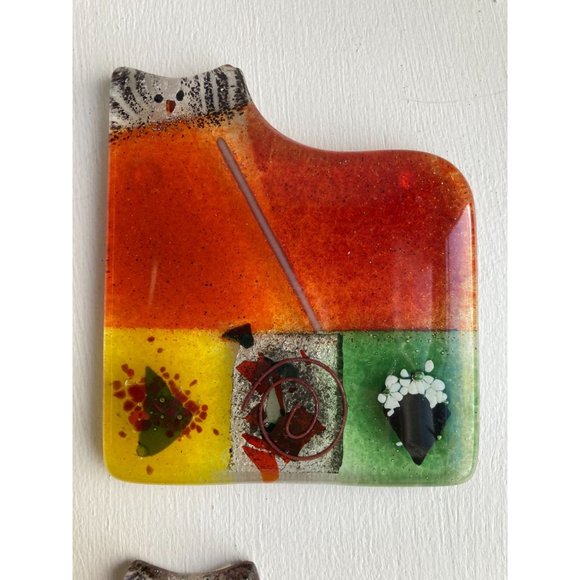 4 Art Glass Cat Kitten Decor Coaster Set Patchwork Boho Eclectic Multi Color 3.5 - Picture 6 of 14